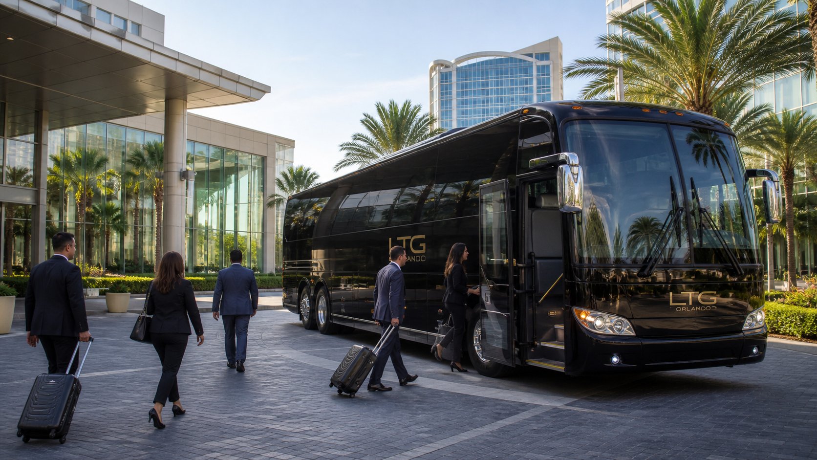 Corporate group boarding an LTG Orlando motor coach outside a convention hotel
